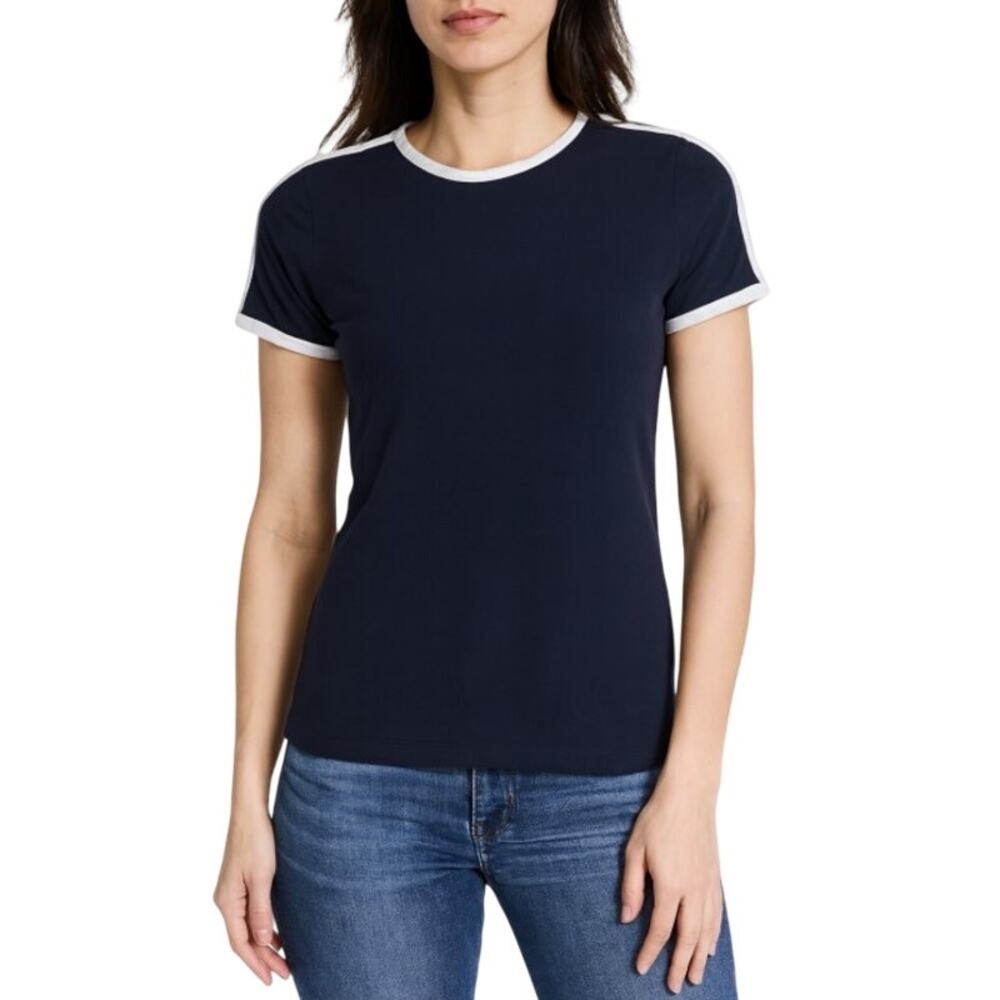 Black Short Sleeve T-Shirt Women’s Small White Stripe Trim Made in Turkey